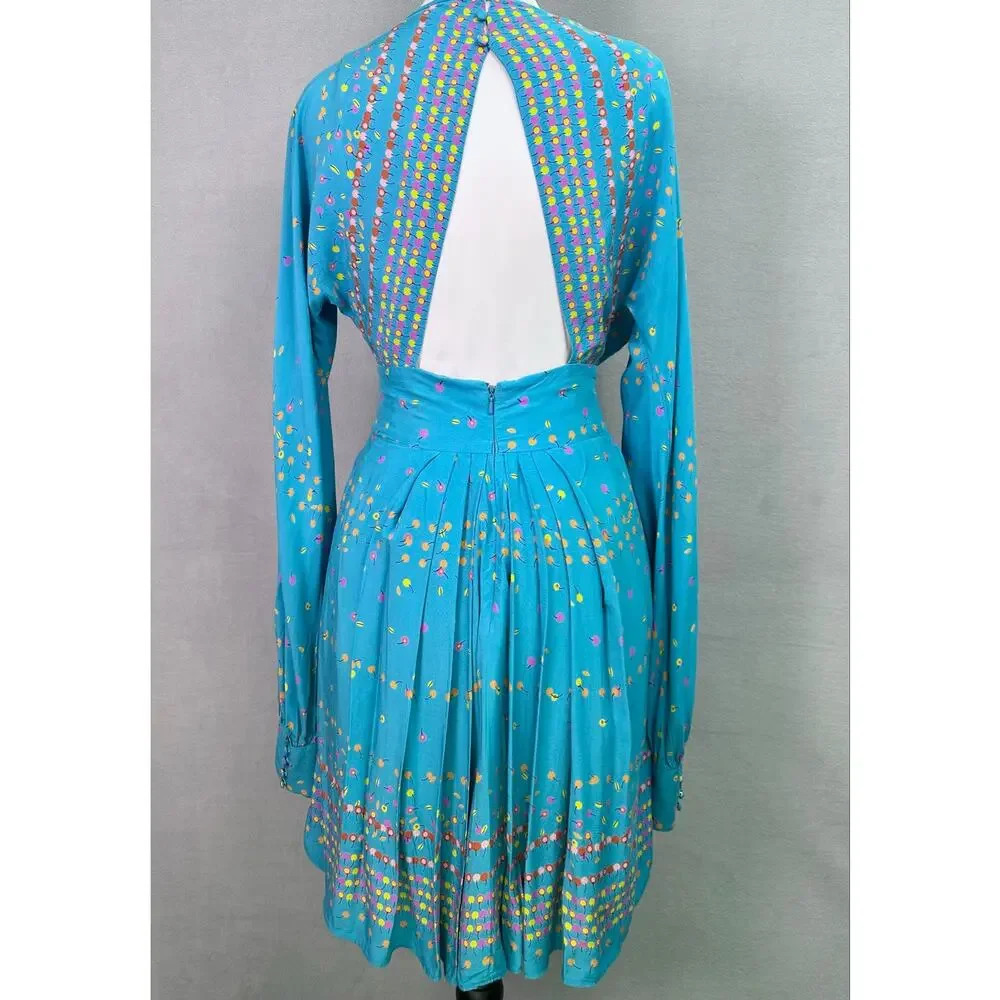 Free People Coryn Mini Dress Cherry Print Teal Blue Green Cut Out Pleated Size 4 - Picture 3 of 12